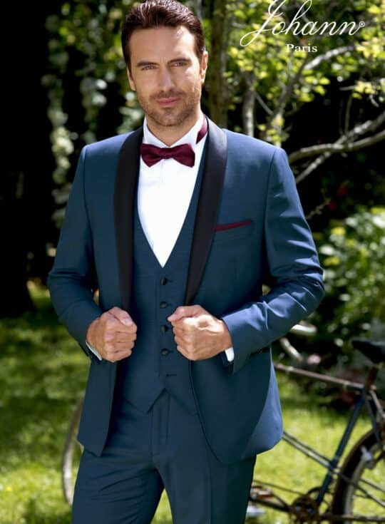 Smoking de mariage Bleu Canard accessoires bordeaux